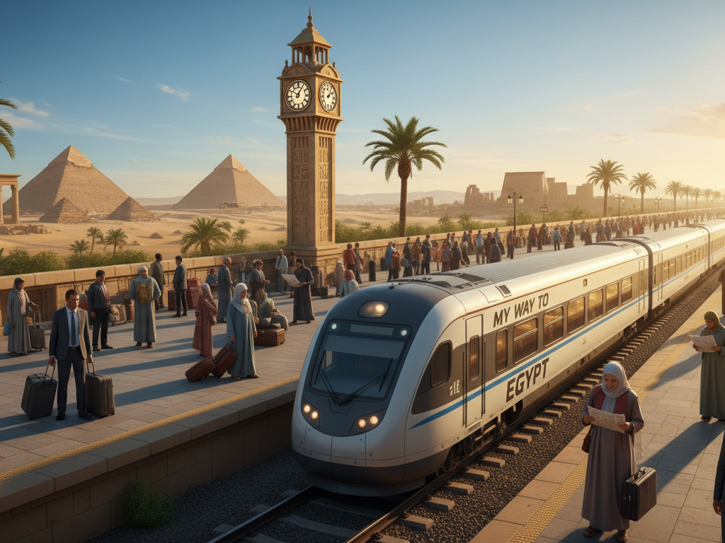 A vibrant scene capturing the essence of travel logistics in Egypt, featuring a modern passenger train smoothly gliding along tracks in the foreground. The train, branded with "My Way to Egypt," reflects a sense of adventure. In the middle ground, a bustling train station showcases travelers, including individuals in professional business attire and modest casual clothing, engaging with maps and tickets. The background reveals iconic Egyptian landscapes, such as palm trees and ancient structures, under a bright, sunny sky. The lighting is warm and inviting, casting a golden hue over the scene, evoking a sense of excitement and anticipation for adventure. The angle is slightly elevated, providing a comprehensive view of this dynamic travel environment, ideal for first-time visitors exploring Egypt.