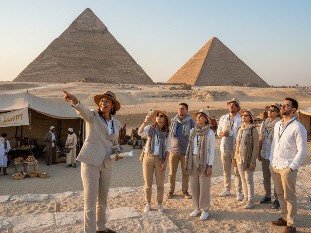 A vibrant scene depicting a guided tour at the Pyramids of Giza, showcasing a knowledgeable Egyptologist in professional attire engaging with a small group of tourists in modest casual clothing. In the foreground, the Egyptologist enthusiastically gestures toward the grand pyramids, highlighting their majestic details. In the middle, diverse tourists marvel at the ancient structures, their expressions reflecting curiosity and wonder. The background features the iconic pyramids against a clear, bluish sky, with soft golden sunlight casting warm tones on the stone. The atmosphere is immersive, with a sense of exploration and cultural connection as locals can be seen in the distance, showcasing traditional crafts and food. The scene is framed with a slight aerial angle, capturing the scale of the pyramids and emphasizing the blend of history and local experiences. The image embodies the essence of "My Way to Egypt". A vibrant scene depicting a guided tour at the Pyramids of Giza, showcasing a knowledgeable Egyptologist in professional attire engaging with a small group of tourists in modest casual clothing. In the foreground, the Egyptologist enthusiastically gestures toward the grand pyramids, highlighting their majestic details. In the middle, diverse tourists marvel at the ancient structures, their expressions reflecting curiosity and wonder. The background features the iconic pyramids against a clear, bluish sky, with soft golden sunlight casting warm tones on the stone. The atmosphere is immersive, with a sense of exploration and cultural connection as locals can be seen in the distance, showcasing traditional crafts and food. The scene is framed with a slight aerial angle, capturing the scale of the pyramids and emphasizing the blend of history and local experiences. The image embodies the essence of "My Way to Egypt".