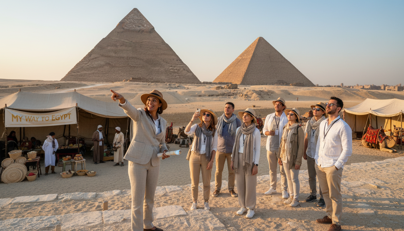 A vibrant scene depicting a guided tour at the Pyramids of Giza, showcasing a knowledgeable Egyptologist in professional attire engaging with a small group of tourists in modest casual clothing. In the foreground, the Egyptologist enthusiastically gestures toward the grand pyramids, highlighting their majestic details. In the middle, diverse tourists marvel at the ancient structures, their expressions reflecting curiosity and wonder. The background features the iconic pyramids against a clear, bluish sky, with soft golden sunlight casting warm tones on the stone. The atmosphere is immersive, with a sense of exploration and cultural connection as locals can be seen in the distance, showcasing traditional crafts and food. The scene is framed with a slight aerial angle, capturing the scale of the pyramids and emphasizing the blend of history and local experiences. The image embodies the essence of "My Way to Egypt".