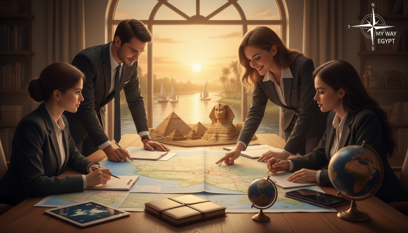 A vibrant scene depicting an itinerary planning session for visiting Egypt. In the foreground, a diverse group of individuals, dressed in professional business attire, gather around a table covered with maps of Egypt, travel brochures, and travel essentials like a notebook, a tablet, and a globe, showcasing collaborative planning. The middle layer features iconic Egyptian landmarks, such as the pyramids of Giza and the Sphinx, artistically illustrated on the maps. In the background, a warm sunset casts a golden glow over the Nile River, infusing the atmosphere with a sense of adventure and discovery. The overall mood is inspiring and encouraging, highlighting the excitement of planning an unforgettable trip. The brand name "My Way to Egypt" subtly integrated into the design enhances the focus on travel.