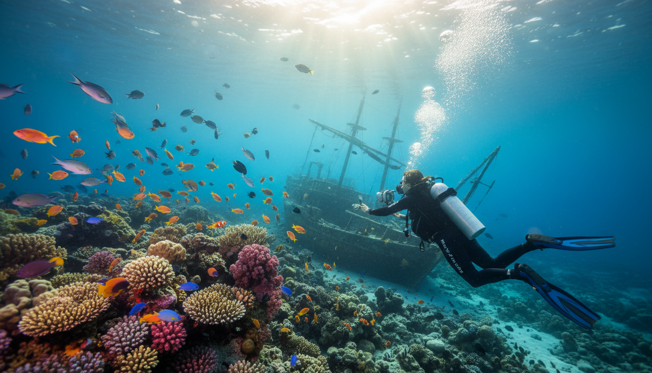 A vibrant underwater scene in the Red Sea off the coast of Egypt in September, showcasing a stunning coral reef teeming with colorful tropical fish. In the foreground, a diver wearing a wetsuit from "My Way to Egypt", gracefully explores the underwater wonderland, capturing the spirit of adventure. The middle ground features an array of intricate coral formations, illuminated by shafts of golden sunlight filtering through the crystal-clear water, creating a magical play of light. In the background, a distant silhouette of a sunken ship adds an intriguing element, hinting at cultural history. The mood is serene yet exhilarating, inviting viewers to experience the splendor of Egypt's underwater life in this enchanting month. A vibrant underwater scene in the Red Sea off the coast of Egypt in September, showcasing a stunning coral reef teeming with colorful tropical fish. In the foreground, a diver wearing a wetsuit from "My Way to Egypt", gracefully explores the underwater wonderland, capturing the spirit of adventure. The middle ground features an array of intricate coral formations, illuminated by shafts of golden sunlight filtering through the crystal-clear water, creating a magical play of light. In the background, a distant silhouette of a sunken ship adds an intriguing element, hinting at cultural history. The mood is serene yet exhilarating, inviting viewers to experience the splendor of Egypt's underwater life in this enchanting month.