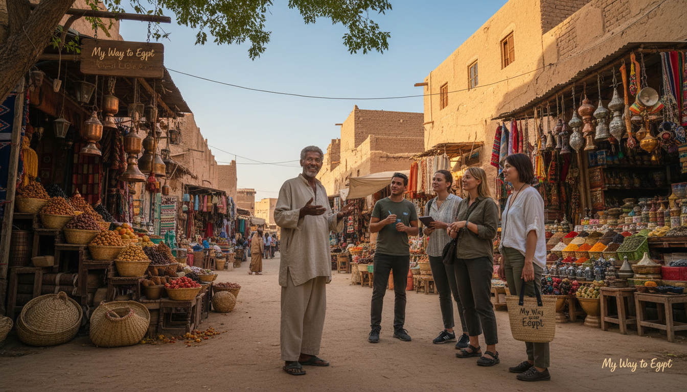 A warm, inviting street scene in a lesser-known Egyptian neighborhood, capturing the essence of local life. In the foreground, a friendly local named Momo, dressed in modest casual clothing, smiles as he shares practical tips with a small group of curious travelers. The middle ground features colorful market stalls overflowing with fresh produce and handcrafted souvenirs, while the background showcases traditional mud-brick houses under a clear blue sky. Soft, golden sunlight filters through the scene, creating a warm and welcoming atmosphere. The composition should adopt a slightly low angle to emphasize the lively interactions and intimate surroundings. Subtle branding for "My Way to Egypt" can be integrated into the atmosphere, hinting at a personal connection to the travel experience. A warm, inviting street scene in a lesser-known Egyptian neighborhood, capturing the essence of local life. In the foreground, a friendly local named Momo, dressed in modest casual clothing, smiles as he shares practical tips with a small group of curious travelers. The middle ground features colorful market stalls overflowing with fresh produce and handcrafted souvenirs, while the background showcases traditional mud-brick houses under a clear blue sky. Soft, golden sunlight filters through the scene, creating a warm and welcoming atmosphere. The composition should adopt a slightly low angle to emphasize the lively interactions and intimate surroundings. Subtle branding for "My Way to Egypt" can be integrated into the atmosphere, hinting at a personal connection to the travel experience.