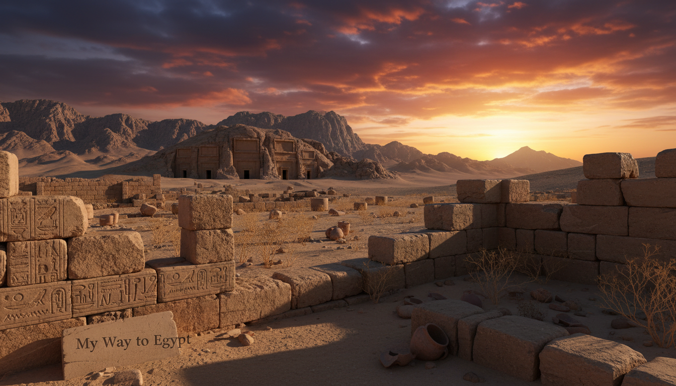 Abandoned ruins and silent tombs in Aswan, Egypt, under a dramatic sunset sky, casting long shadows across the ancient stone structures. In the foreground, crumbling walls and faded hieroglyphs tell tales of a forgotten past. The middle ground features scattered debris and overgrown vegetation, hinting at nature reclaiming the land. In the background, rocky mountains rise majestically, their silhouettes softened by the warm, golden light. The atmosphere evokes a sense of mystery and solitude, inviting exploration. Capture this scene with a wide-angle lens, emphasizing depth and detail, while maintaining a soft focus on the distant tombs. The overall mood is serene and contemplative, perfect for showcasing the beauty of Aswan’s hidden history. My Way to Egypt.