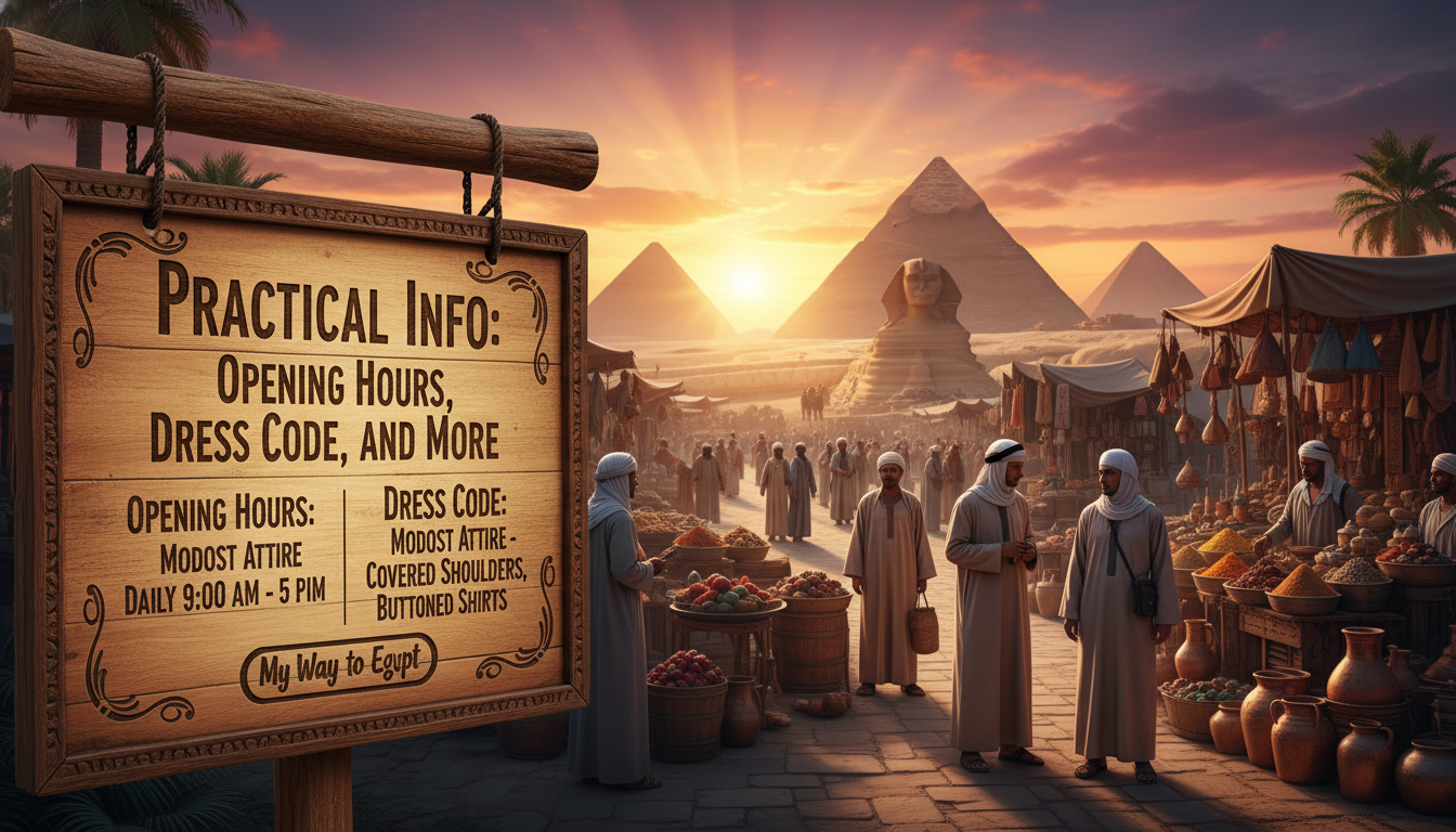An inviting scene depicting a well-organized travel information board featuring "Practical Info: Opening Hours, Dress Code, and More" in an Egyptian context. In the foreground, a detailed wooden signboard with elegant carvings showcases opening hours and dress code suggestions, such as modest attire like long skirts and buttoned shirts. The middle ground includes a vibrant and colorful market scene with local vendors and travelers, all dressed in culturally respectful clothing. In the background, ancient Egyptian architecture—like pyramids and sphinxes—loom under a golden sunset sky, casting warm light on the bustling scene. The atmosphere should feel welcoming, emphasizing cultural respect and adventure. The brand name "My Way to Egypt" is subtly incorporated into the design of the information board.
