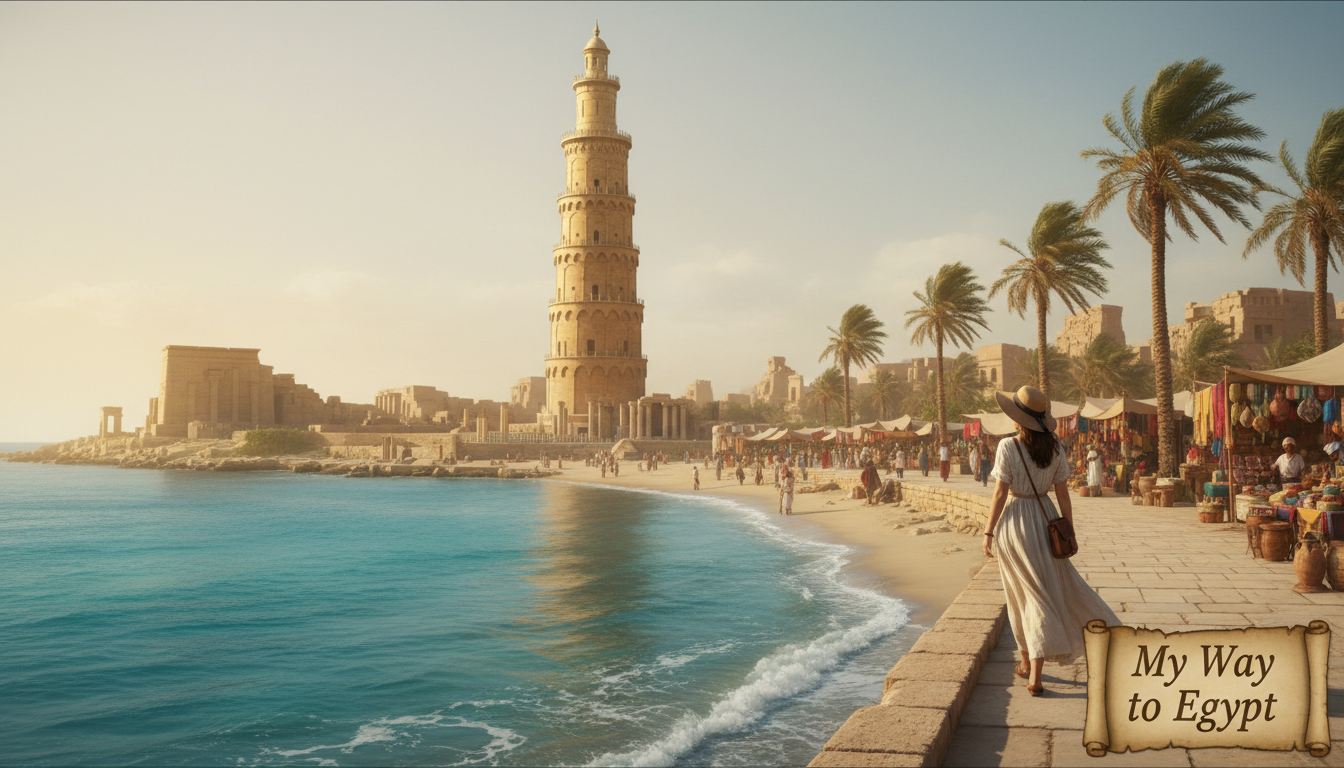 Ancient Alexandria, showcasing Mediterranean vibes with vibrant blue and turquoise waters blending seamlessly into a sandy shoreline dotted with palm trees. In the foreground, a modestly dressed solo female traveler, wearing a light cotton dress and a sunhat, strolls along the promenade, admiring the ancient architecture. The middle features the iconic Lighthouse of Alexandria, depicted in soft golden hues, with bustling marketplaces alive with locals and tourists. In the background, ancient stone ruins suggest a rich history, bathed in the warm glow of a late afternoon sun. The atmosphere is inviting and serene, embodying a mix of leisure and exploration. The scene is captured with a wide-angle lens to emphasize depth, with soft, natural lighting enhancing the Mediterranean spirit. This image is perfect for "My Way to Egypt."