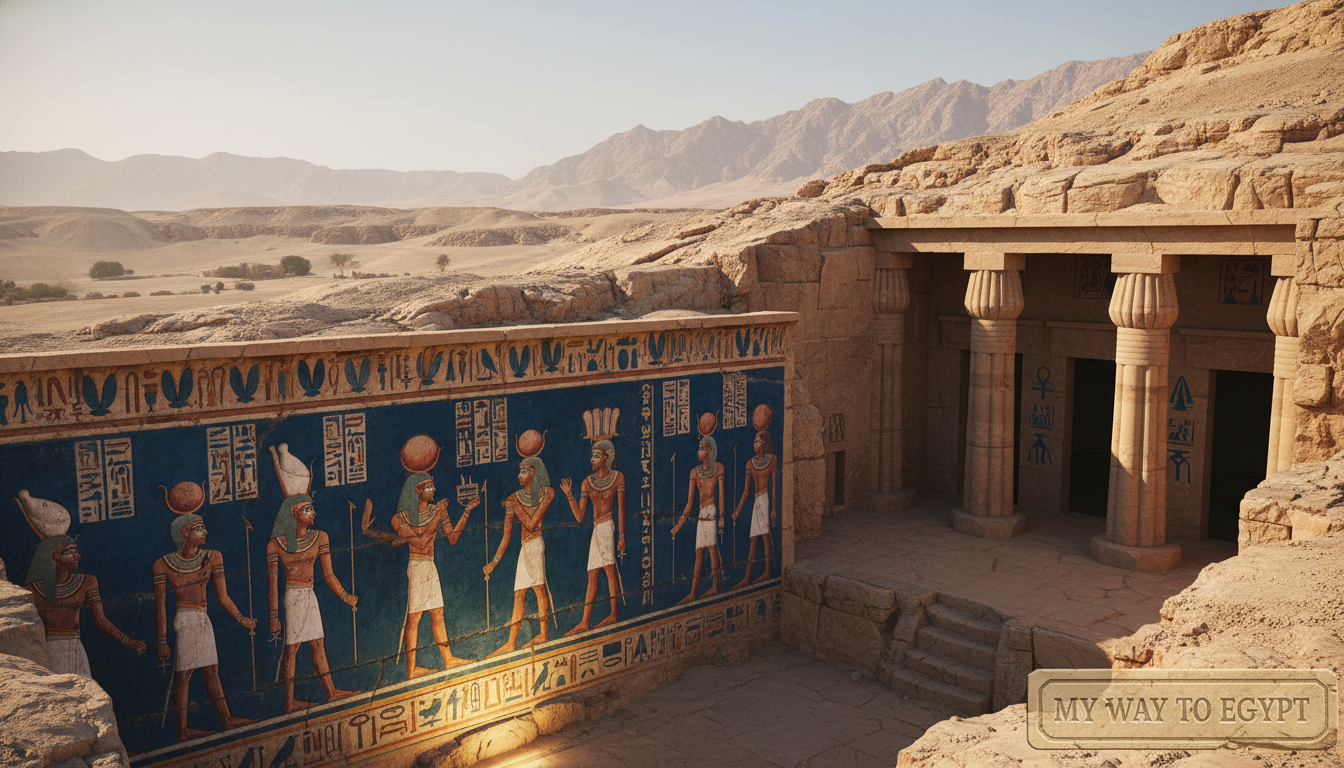 Ancient Egyptian tombs nestled in the arid landscape of the Valley of the Kings, showcasing intricate hieroglyphics and ornate carvings adorning grand stone architecture. In the foreground, detailed murals depicting pharaohs and ancient deities illuminated by soft, golden lighting create a serene atmosphere. The middle ground reveals tall, robust pillars and massive doorways leading into shadowy chambers, adorned with symbols of the afterlife. In the background, the rugged terrain of the Valley and distant mountains enhance the monumental scale of the tombs. The scene captures a mystical and reverent mood, inviting exploration. Shot from a slightly elevated angle with a wide lens to encompass the vastness and beauty of this ancient site. Incorporate branding: "My Way to Egypt".