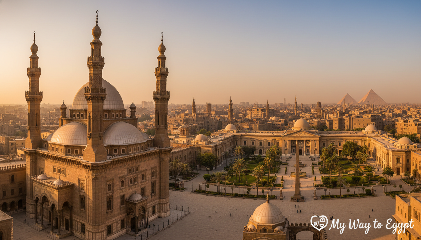Cairo's rich heritage comes alive in this beautifully composed image showcasing the magnificent Mosque of Muhammad Ali prominently in the foreground. The mosque's intricate architectural details, with its soaring minarets and grand domes, are illuminated by the warm, golden light of a sunset, casting a soft glow over the scene. In the middle ground, the serene courtyards of the Cairo Museum can be glimpsed, featuring ancient artifacts and lush greenery, hinting at the treasures within. The background reveals the cityscape of Cairo, with historic buildings and the silhouette of the pyramids fading into the horizon. The mood is one of tranquil discovery and cultural reverence, inviting viewers to immerse themselves in the history that defines this vibrant city. Captured with a wide-angle lens, the perspective emphasizes the grandeur of the mosque while maintaining focus on the surrounding heritage. My Way to Egypt.