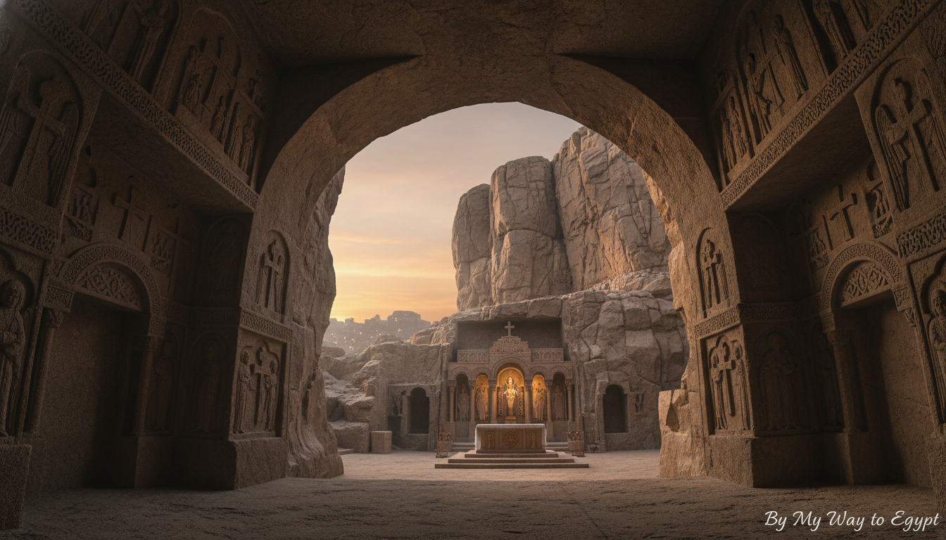 Cave Church Mokattam in Cairo, nestled within rocky cliffs, intricately carved into the stone, illuminated by soft, warm lighting, creating a serene and spiritual atmosphere. In the foreground, the weathered stone entrance is adorned with subtle decorations, leading into the sacred space. The middle ground showcases the expansive interior with beautiful arches, decorated with religious symbols, and a tranquil altar elegantly designed. In the background, glimpses of natural rock formations enhance the sense of being hidden away from the bustling city. Use a low angle to emphasize the towering ceilings, and soft focus to evoke a sense of peace and contemplation. Capture the scene during sunset, casting gentle shadows that reflect the sacred and tranquil ambiance of this lesser-known gem in Cairo. By My Way to Egypt.