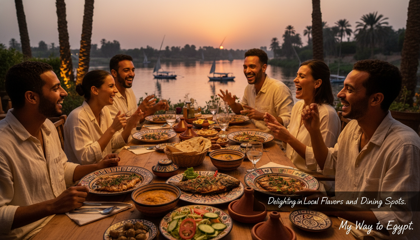 Experience the vibrant atmosphere of dining in Aswan, where a beautifully set table awaits in an outdoor terrace bathed in warm, golden evening light. In the foreground, intricately decorated traditional plates filled with local delicacies such as grilled fish, spiced lentils, and fresh salads evoke the rich flavors of Egyptian cuisine. The middle ground features a group of six people, dressed in modest casual clothing, enjoying their meal and engaging in lively conversation, joyfully appreciating the local culture. Behind them, the stunning silhouette of the Nile River glistens under the sunset, with palm trees framing the scene, creating a sense of warmth and hospitality. Capture this moment with a soft focus and a warm color palette to enhance the inviting mood of "Delighting in Local Flavors and Dining Spots." My Way to Egypt.
