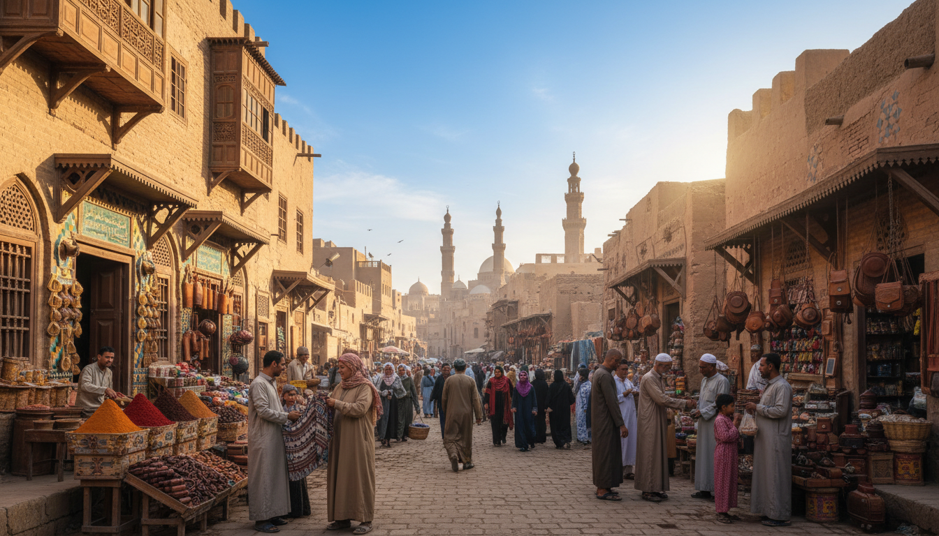 Islamic Cairo streets bustling with life, capturing the essence of a vibrant market scene. In the foreground, shades of warm earth tones from traditional mud-brick buildings, adorned with intricate Islamic architecture and decorative tile work. People, dressed in modest casual clothing, are seen engaging in friendly barter at the market stalls filled with colorful spices, textiles, and handcrafted goods. The middle ground features narrow, winding alleys, inviting exploration, while the background showcases the silhouette of the historic mosques against a clear blue sky, with soft afternoon sunlight casting warm glows on the scene. The atmosphere is lively yet serene, perfect for navigating the maze-like streets of this culturally rich area. The image embodies the charm and curiosity of Islamic Cairo while reflecting the spirit of "My Way to Egypt".