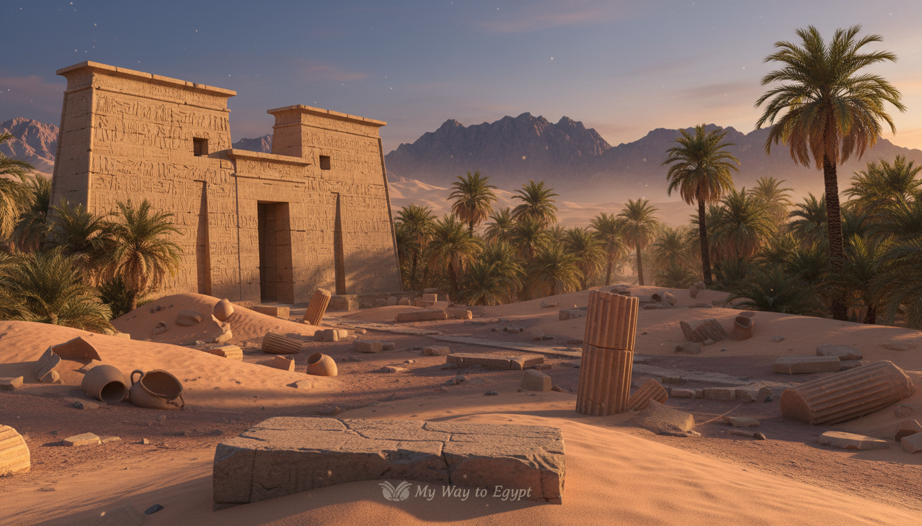 Lesser-known ancient temples in Egypt, nestled amidst rugged landscapes, surrounded by lush palm groves and the sprawling desert. In the foreground, a beautifully weathered stone temple entrance adorned with intricate hieroglyphics glows in warm sunlight, while soft shadows stretch across the sandy ground. In the middle, scattered archaeological remnants hint at a long-vanished civilization, with fragments of pottery and columns peeking through the earth. In the background, the majestic mountains rise sharply against a brilliant twilight sky, casting a tranquil, otherworldly atmosphere. The scene captures the essence of hidden history and adventure, inviting exploration. Shot with a wide-angle lens for depth, subtle golden hour lighting enhances the serenity of this secret corner of Egypt. My Way to Egypt. Lesser-known ancient temples in Egypt, nestled amidst rugged landscapes, surrounded by lush palm groves and the sprawling desert. In the foreground, a beautifully weathered stone temple entrance adorned with intricate hieroglyphics glows in warm sunlight, while soft shadows stretch across the sandy ground. In the middle, scattered archaeological remnants hint at a long-vanished civilization, with fragments of pottery and columns peeking through the earth. In the background, the majestic mountains rise sharply against a brilliant twilight sky, casting a tranquil, otherworldly atmosphere. The scene captures the essence of hidden history and adventure, inviting exploration. Shot with a wide-angle lens for depth, subtle golden hour lighting enhances the serenity of this secret corner of Egypt. My Way to Egypt.