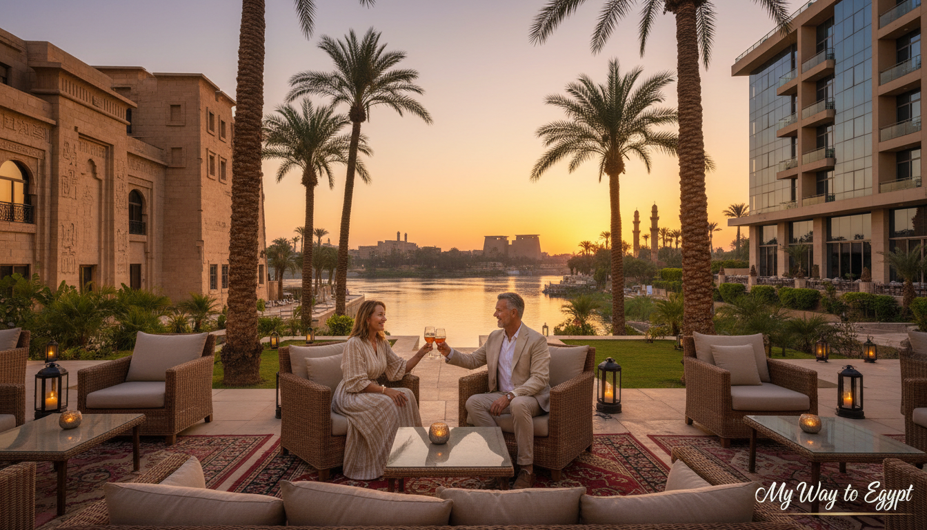 Luxor accommodation hotels stay options, featuring a serene outdoor lounge area with comfortable seating under palm trees, surrounded by elegant hotel facades. In the foreground, a well-dressed couple enjoys drinks, showcasing a sophisticated yet relaxed atmosphere. The middle ground highlights two distinct hotel styles: traditional Egyptian architecture with ornate carvings juxtaposed against modern luxury accommodations with glass balconies. In the background, glimpses of the Nile River and the fascinating Luxor skyline at sunset create a warm glow, enhancing the inviting mood. Capture the scene with soft, golden lighting to evoke a calm and welcoming ambiance. Lens focus should be wide to encompass the vibrant setting. The image must reflect the essence of "My Way to Egypt" brand with tranquility and comfort at its core.