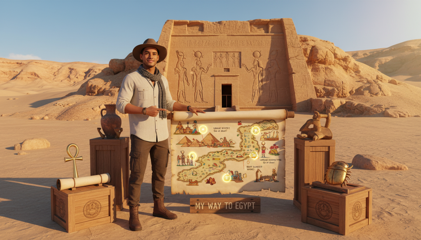 Momo stands confidently in the foreground, wearing casual yet fashionable clothing, surrounded by an assortment of exquisite relics and ancient artifacts from the Valley of the Kings. He gestures towards a beautifully illustrated map of the tombs, highlighting key sites and unique visiting tips. The middle ground showcases the iconic, sunlit entrance of one of the ancient tombs, with intricately carved hieroglyphs visible on the walls. In the background, the arid desert landscape rises up with the majestic sandstone hills under a clear blue sky. The lighting is warm and golden, evoking a sense of adventure and discovery. The overall mood is inviting and informative, with an emphasis on gaining insider knowledge for an authentic experience. Brand name prominently displayed, "My Way to Egypt," subtly incorporated into the scene.