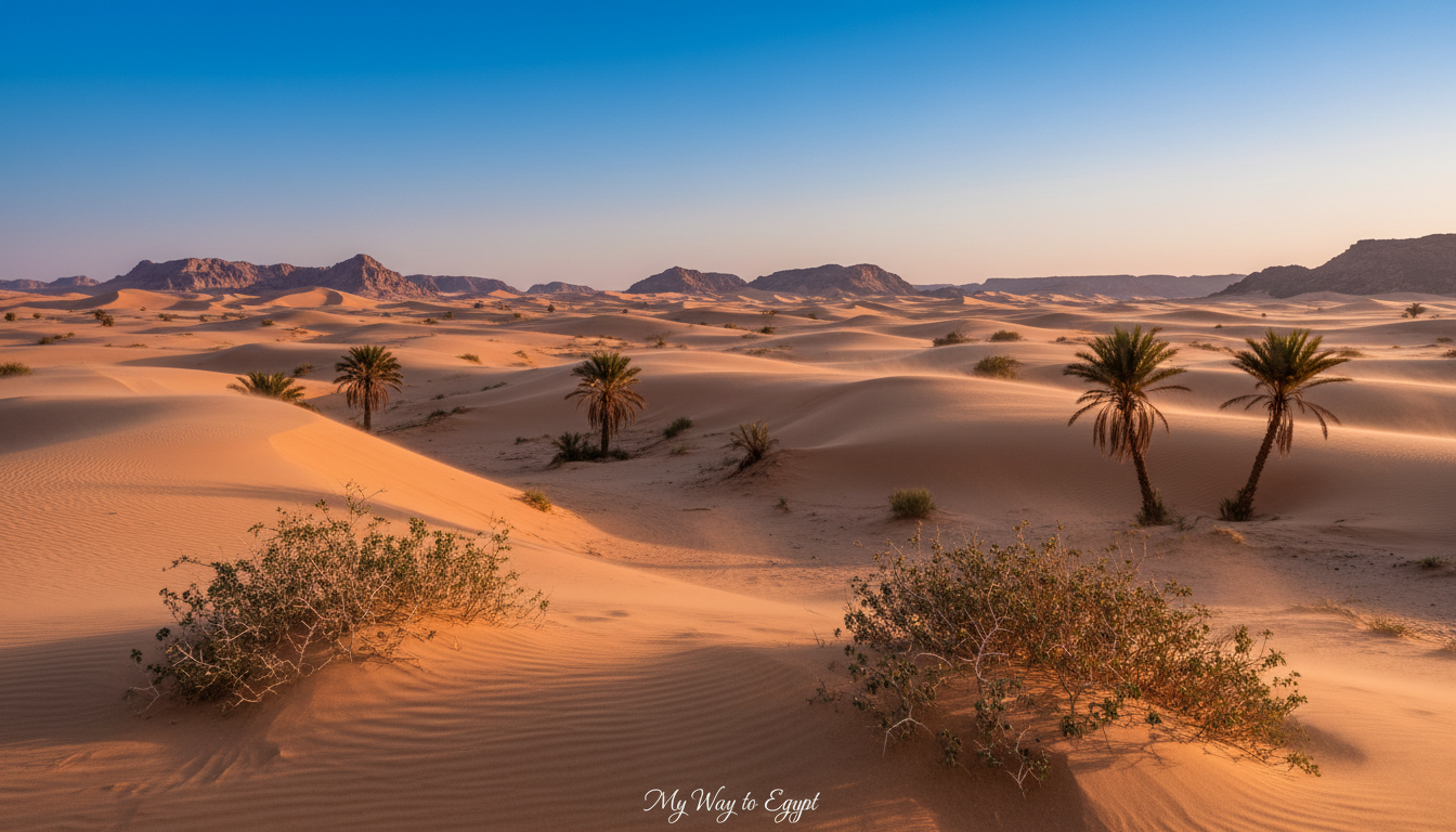Vast Egyptian desert in March, with golden sand dunes rolling under a clear blue sky. The foreground showcases sparse, hardy vegetation, such as small shrubs and scattered palm trees that thrive in arid conditions. In the middle ground, a vibrant sunset casts warm hues of orange and pink across the dunes, emphasizing the dramatic shadows and textures of the sand. The background reveals distant hills and rocky formations, softened by the fading light. A gentle breeze swirls the sands, creating a serene yet dynamic atmosphere. The image should evoke a sense of tranquility and isolation, highlighting the beauty of Egypt's landscape at this time. Photographed with a wide-angle lens from a low angle, capturing the expansive sky above. No people present, ensuring focus on the natural beauty of the desert. My Way to Egypt. Vast Egyptian desert in March, with golden sand dunes rolling under a clear blue sky. The foreground showcases sparse, hardy vegetation, such as small shrubs and scattered palm trees that thrive in arid conditions. In the middle ground, a vibrant sunset casts warm hues of orange and pink across the dunes, emphasizing the dramatic shadows and textures of the sand. The background reveals distant hills and rocky formations, softened by the fading light. A gentle breeze swirls the sands, creating a serene yet dynamic atmosphere. The image should evoke a sense of tranquility and isolation, highlighting the beauty of Egypt's landscape at this time. Photographed with a wide-angle lens from a low angle, capturing the expansive sky above. No people present, ensuring focus on the natural beauty of the desert. My Way to Egypt.