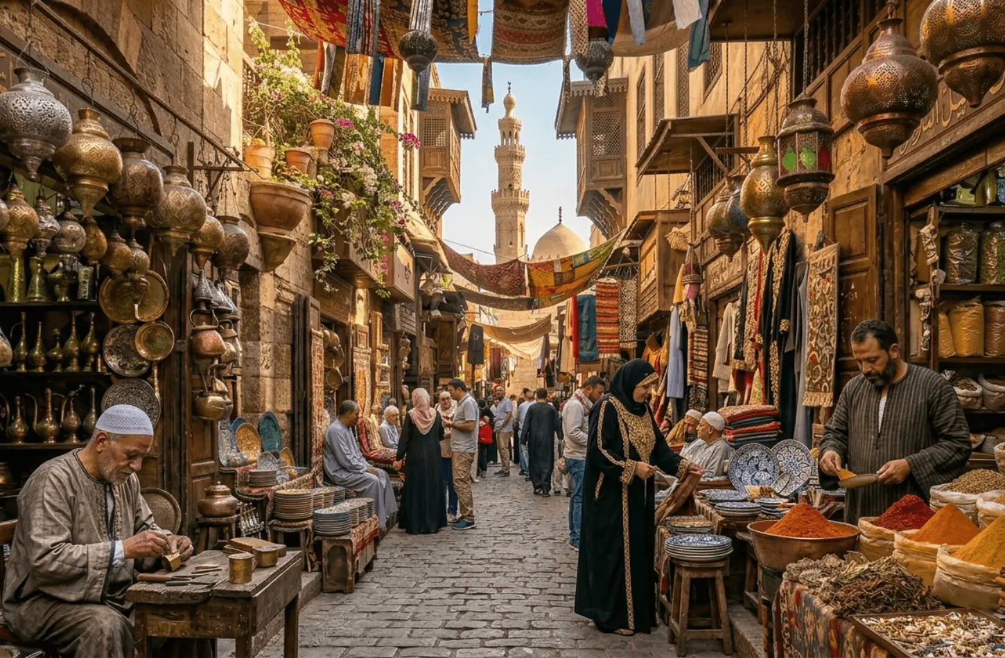A bustling cobblestone street market in Islamic Cairo with traditional lanterns and spices, a popular cultural highlight on Egypt tours