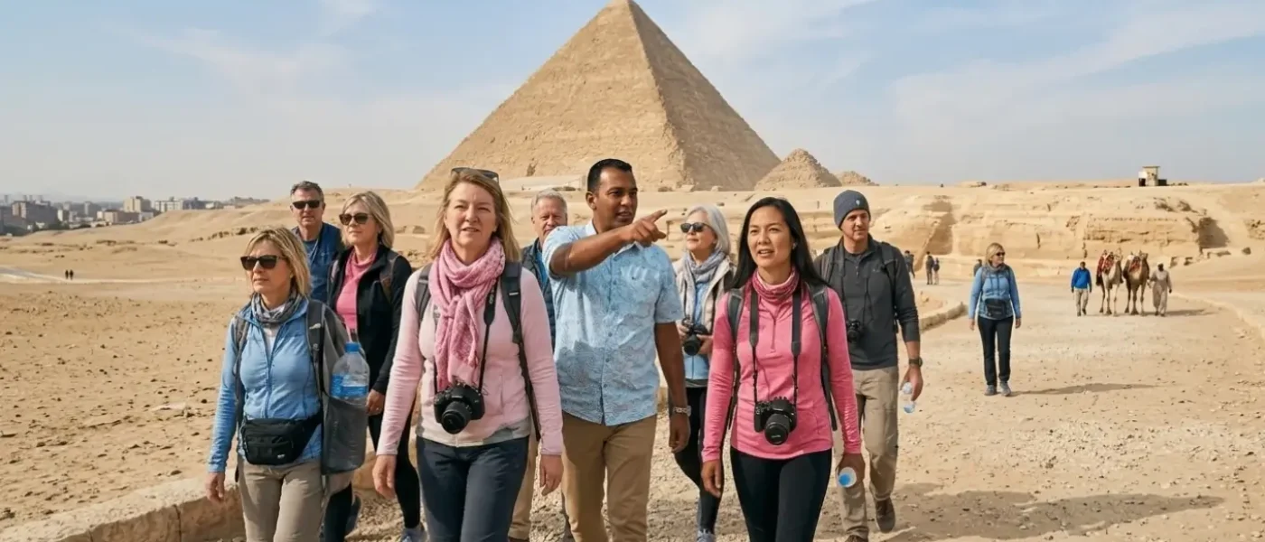 An organized group of travelers exploring the Giza Pyramids with a local guide, a signature highlight of professional Egypt tours