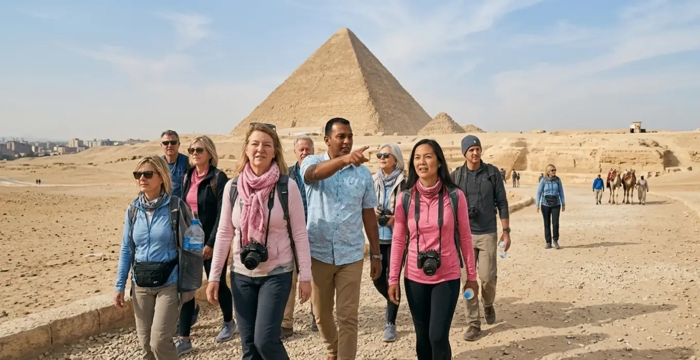 An organized group of travelers exploring the Giza Pyramids with a local guide, a signature highlight of professional Egypt tours
