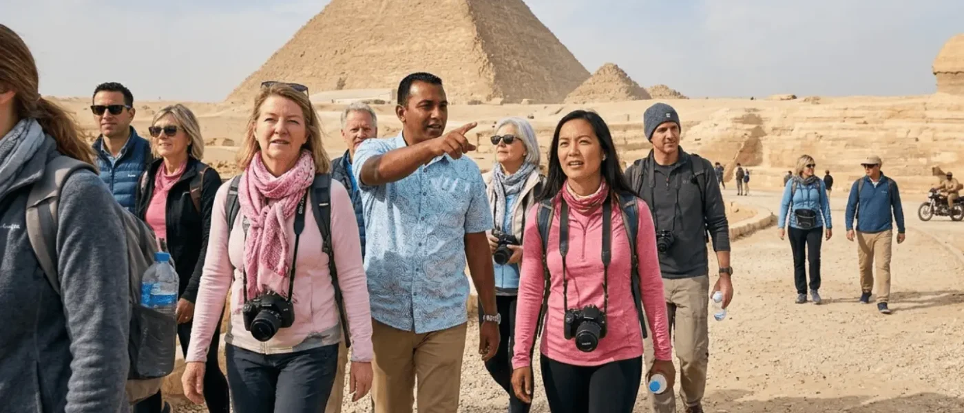 An organized group of travelers exploring the Giza Pyramids with a local guide, a signature highlight of professional Egypt tours