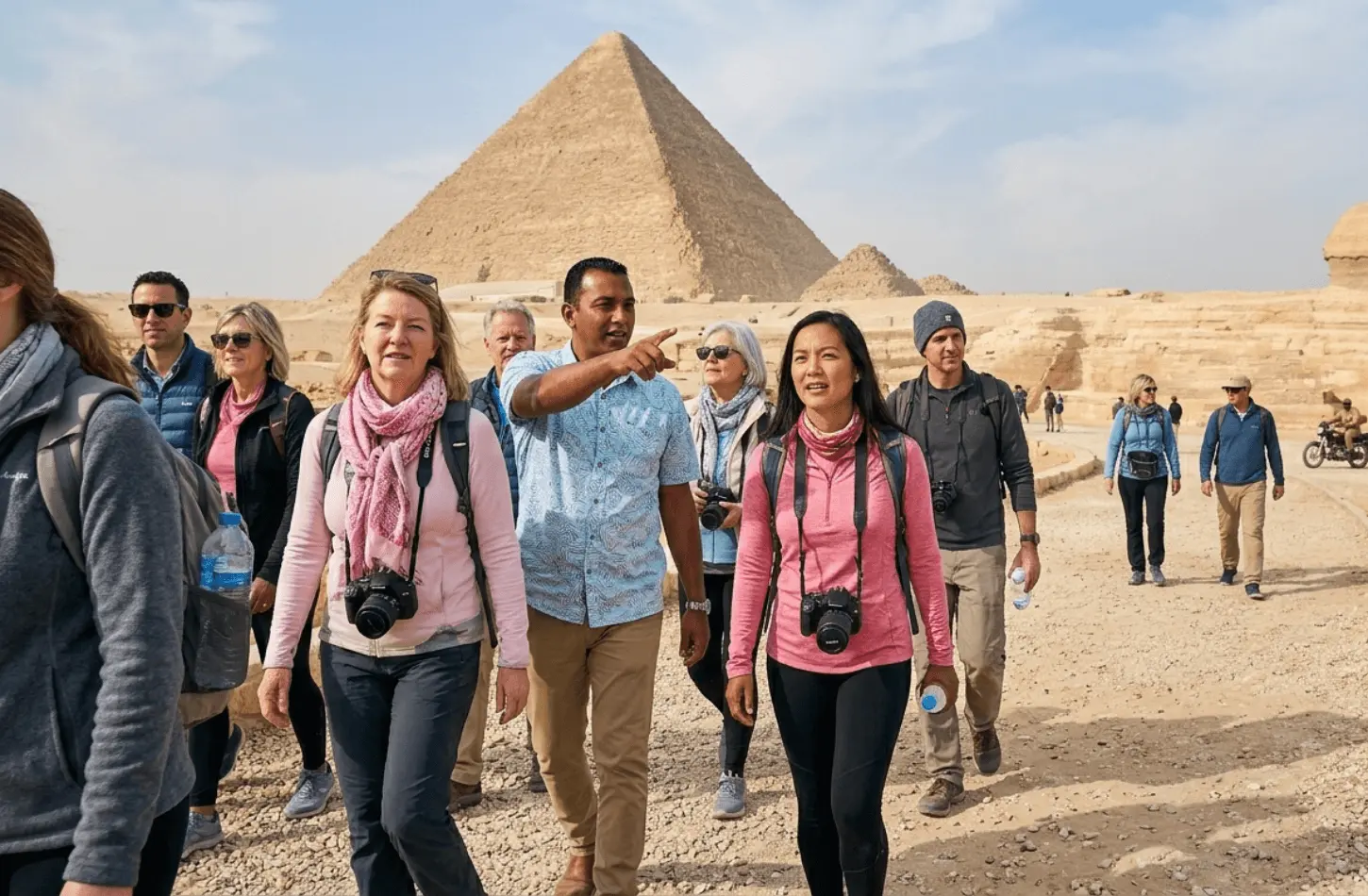 An organized group of travelers exploring the Giza Pyramids with a local guide, a signature highlight of professional Egypt tours