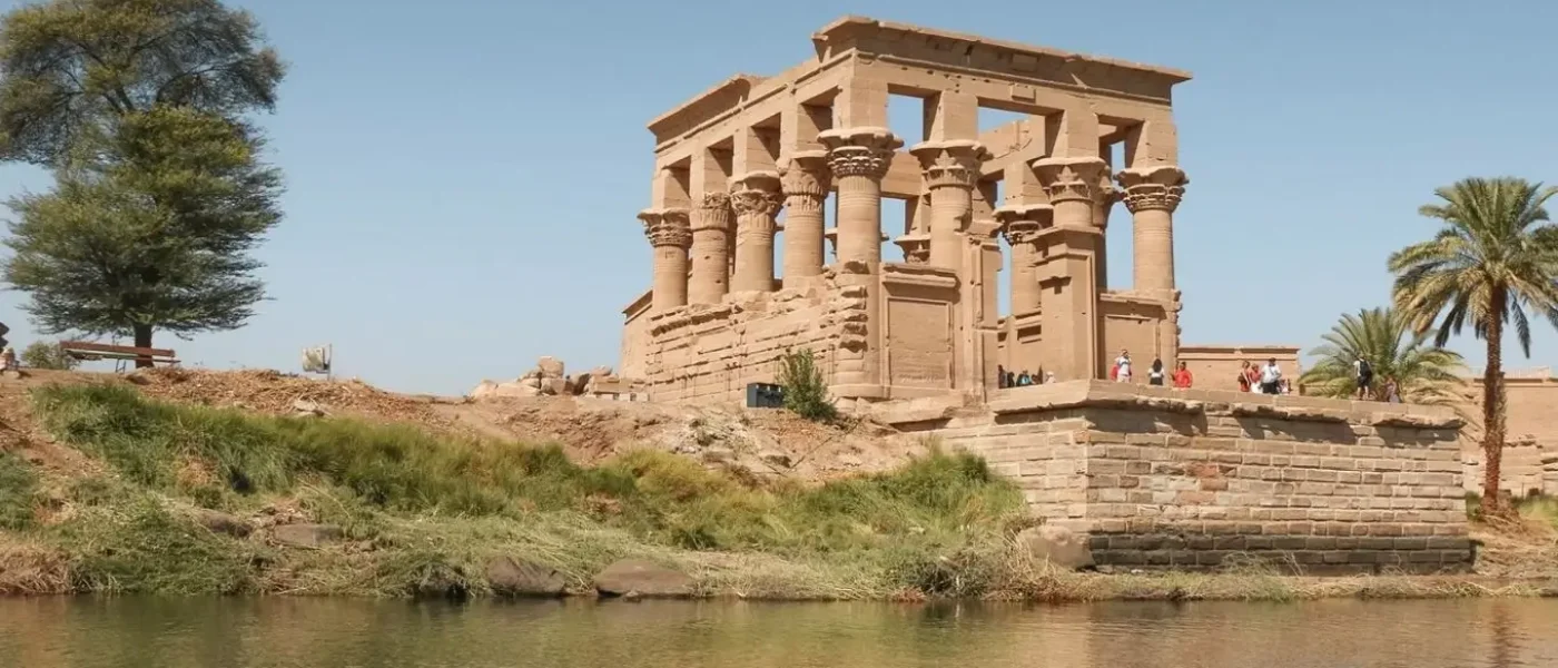 The Kiosk of Trajan at Philae Temple complex on Agilkia Island near Aswan, Egypt, viewed from the Nile River.