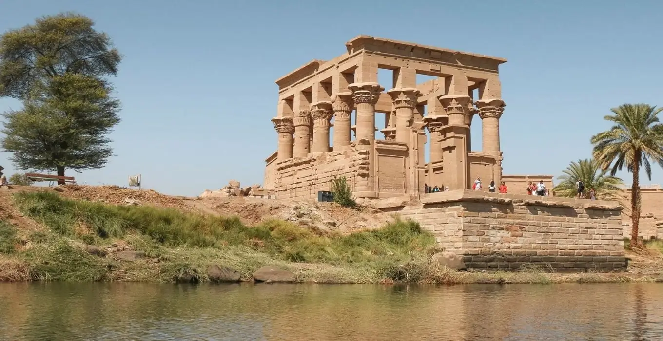 The Kiosk of Trajan at Philae Temple complex on Agilkia Island near Aswan, Egypt, viewed from the Nile River.