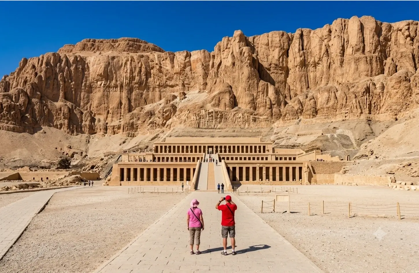 Tourists walking toward the Mortuary Temple of Hatshepsut in Luxor under a clear blue sky, demonstrating why visiting Egypt in October offers the perfect sightseeing weather.