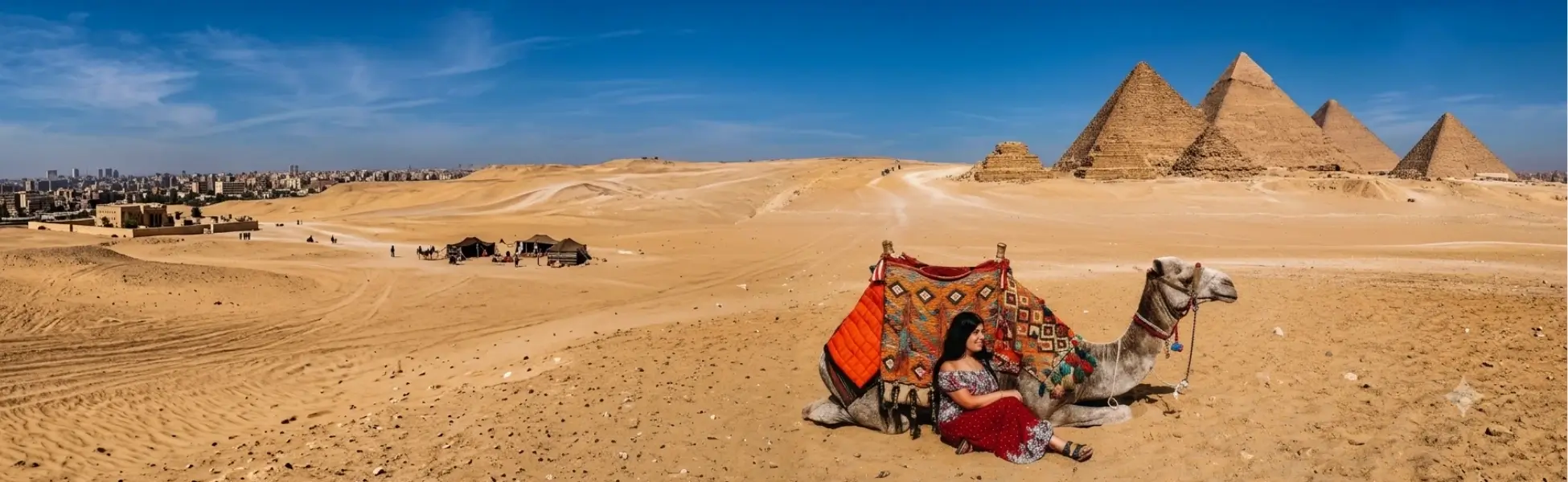 A tourist looking out across the desert at the Great Pyramids of Giza as a camel and horse caravan passes by during a vacation to Egypt in September.